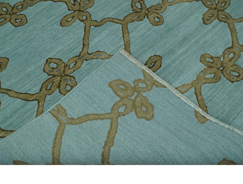 Modern Geometrical Aqua, Camel and Charcoal 6x9 Hand loom Wool and Art Silk Area Rug