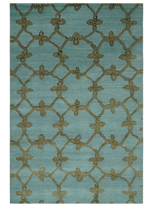 Modern Geometrical Aqua, Camel and Charcoal 6x9 Hand loom Wool and Art Silk Area Rug