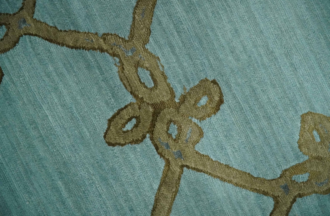 Modern Geometrical Aqua, Camel and Charcoal 6x9 Hand loom Wool and Art Silk Area Rug