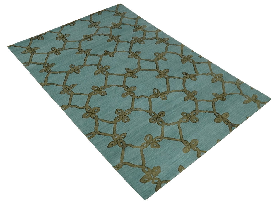 Modern Geometrical Aqua, Camel and Charcoal 6x9 Hand loom Wool and Art Silk Area Rug