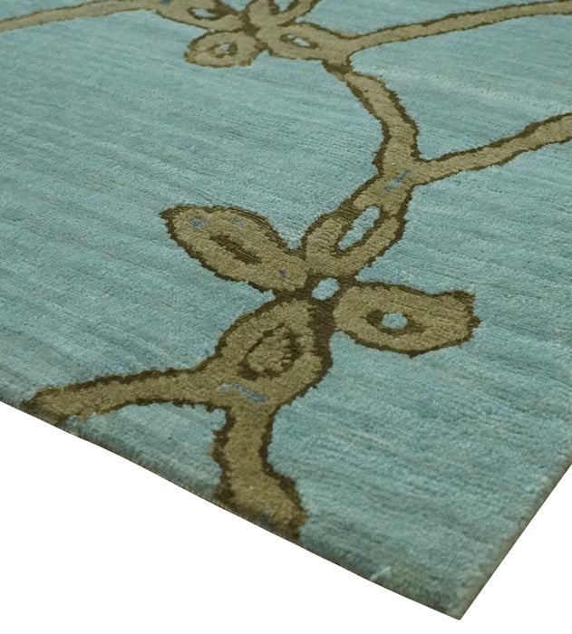 Modern Geometrical Aqua, Camel and Charcoal 6x9 Hand loom Wool and Art Silk Area Rug