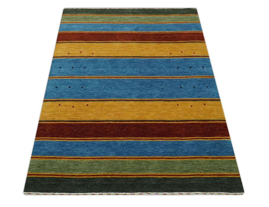 Modern Geometrical Blue, Gold, Brown and Green Stripes Design Hand loom 4.6x7 wool Area Rug