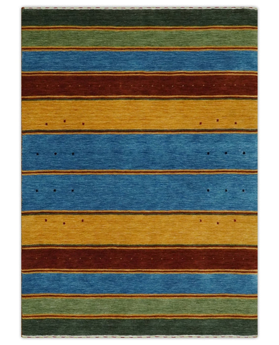 Modern Geometrical Blue, Gold, Brown and Green Stripes Design Hand loom 4.6x7 wool Area Rug
