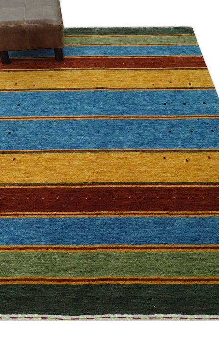 Modern Geometrical Blue, Gold, Brown and Green Stripes Design Hand loom 4.6x7 wool Area Rug