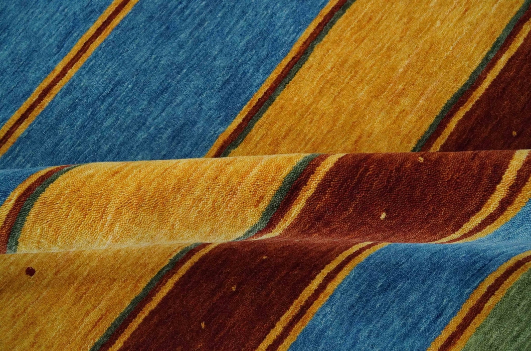 Modern Geometrical Blue, Gold, Brown and Green Stripes Design Hand loom 4.6x7 wool Area Rug