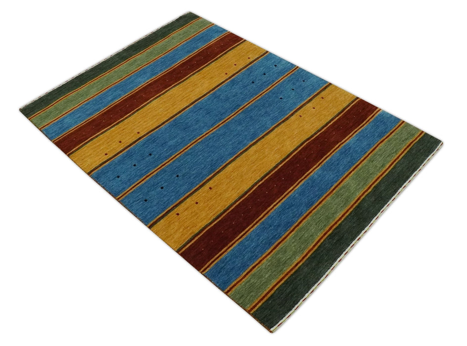 Modern Geometrical Blue, Gold, Brown and Green Stripes Design Hand loom 4.6x7 wool Area Rug