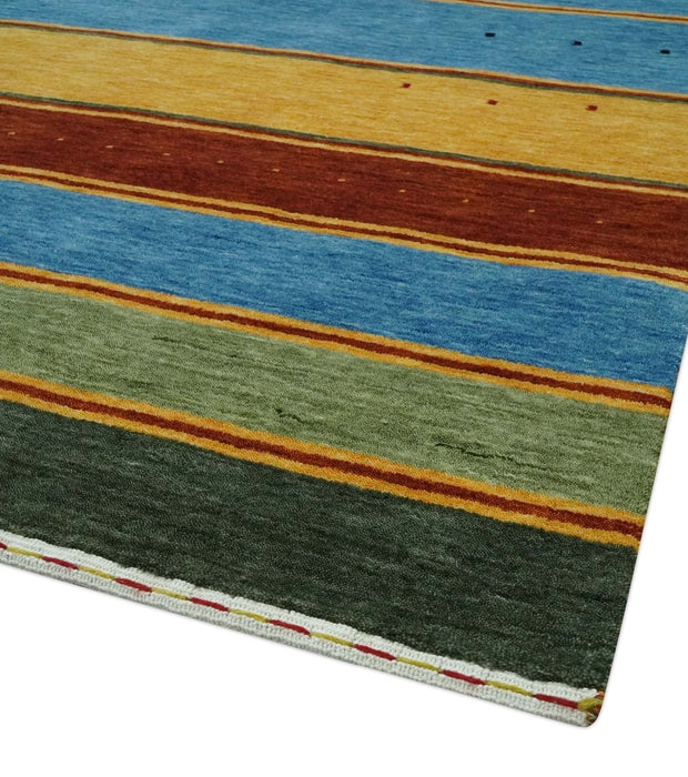 Modern Geometrical Blue, Gold, Brown and Green Stripes Design Hand loom 4.6x7 wool Area Rug