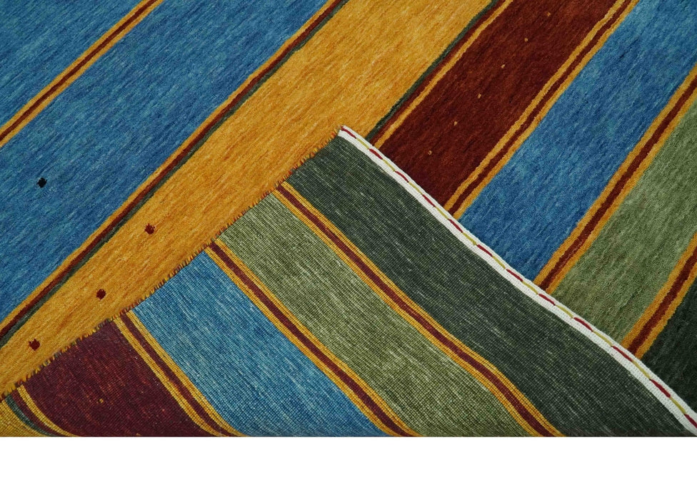 Modern Geometrical Blue, Gold, Brown and Green Stripes Design Hand loom 4.6x7 wool Area Rug