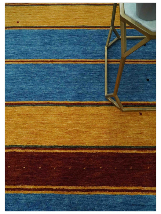 Modern Geometrical Blue, Gold, Brown and Green Stripes Design Hand loom 4.6x7 wool Area Rug