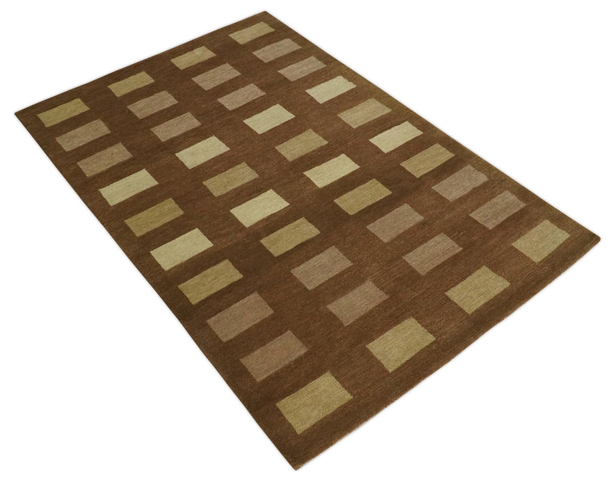 Modern Geometrical Brown and Beige 4x6 Hand Knotted Wool Area Rug