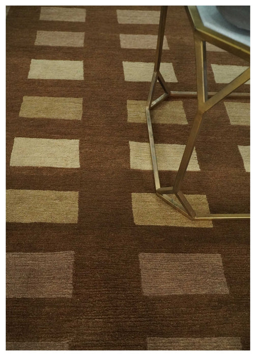 Modern Geometrical Brown and Beige 4x6 Hand Knotted Wool Area Rug