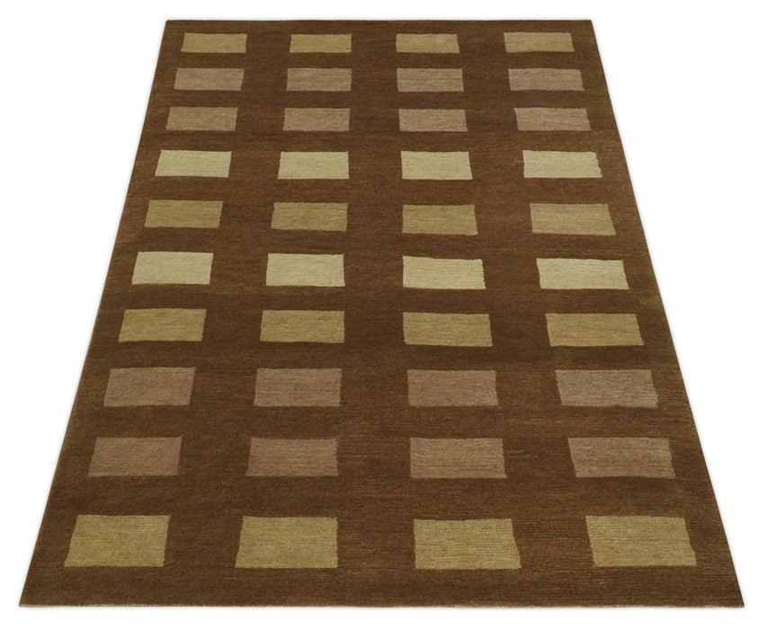 Modern Geometrical Brown and Beige 4x6 Hand Knotted Wool Area Rug