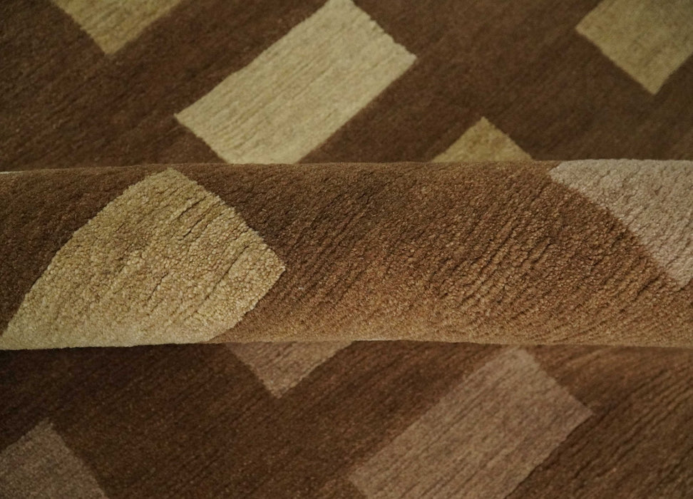 Modern Geometrical Brown and Beige 4x6 Hand Knotted Wool Area Rug