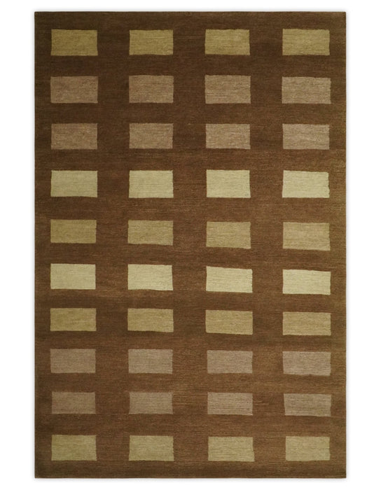 Modern Geometrical Brown and Beige 4x6 Hand Knotted Wool Area Rug