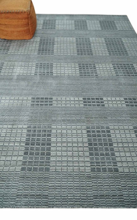 Modern Geometrical Checkered striped Hand Made 8x10 Charcoal, Gray and Silver Scandinavian Blended Wool Flatwoven Area Rug | KE38