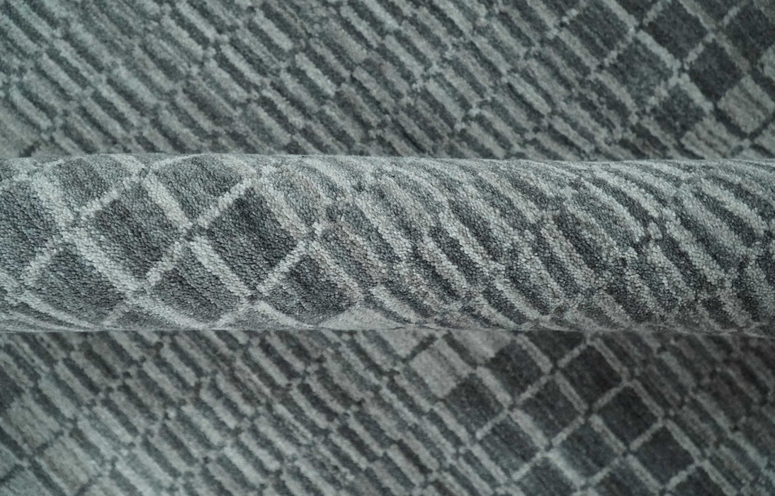 Modern Geometrical Checkered striped Hand Made 8x10 Charcoal, Gray and Silver Scandinavian Blended Wool Flatwoven Area Rug | KE38