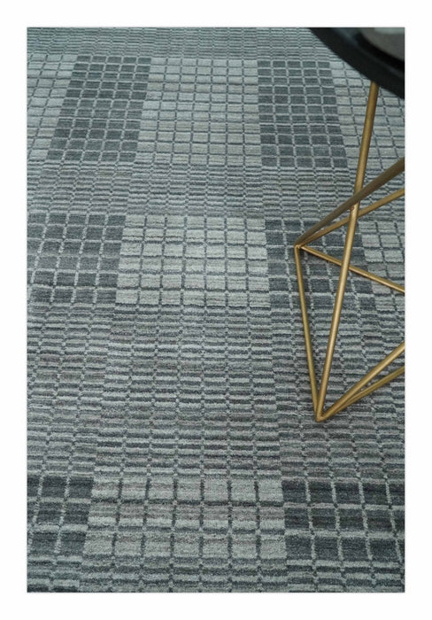 Modern Geometrical Checkered striped Hand Made 8x10 Charcoal, Gray and Silver Scandinavian Blended Wool Flatwoven Area Rug | KE38