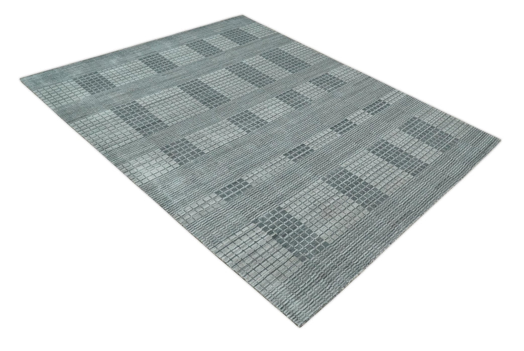 Modern Geometrical Checkered striped Hand Made 8x10 Charcoal, Gray and Silver Scandinavian Blended Wool Flatwoven Area Rug | KE38