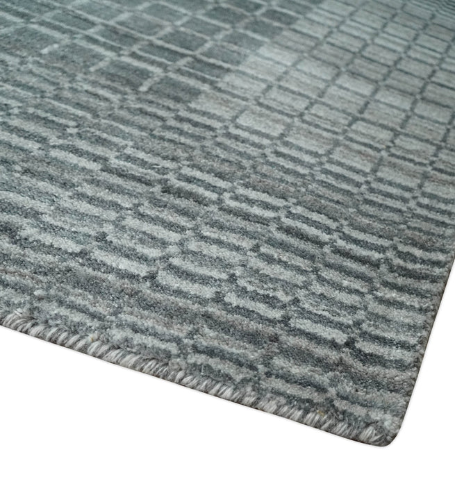 Modern Geometrical Checkered striped Hand Made 8x10 Charcoal, Gray and Silver Scandinavian Blended Wool Flatwoven Area Rug | KE38