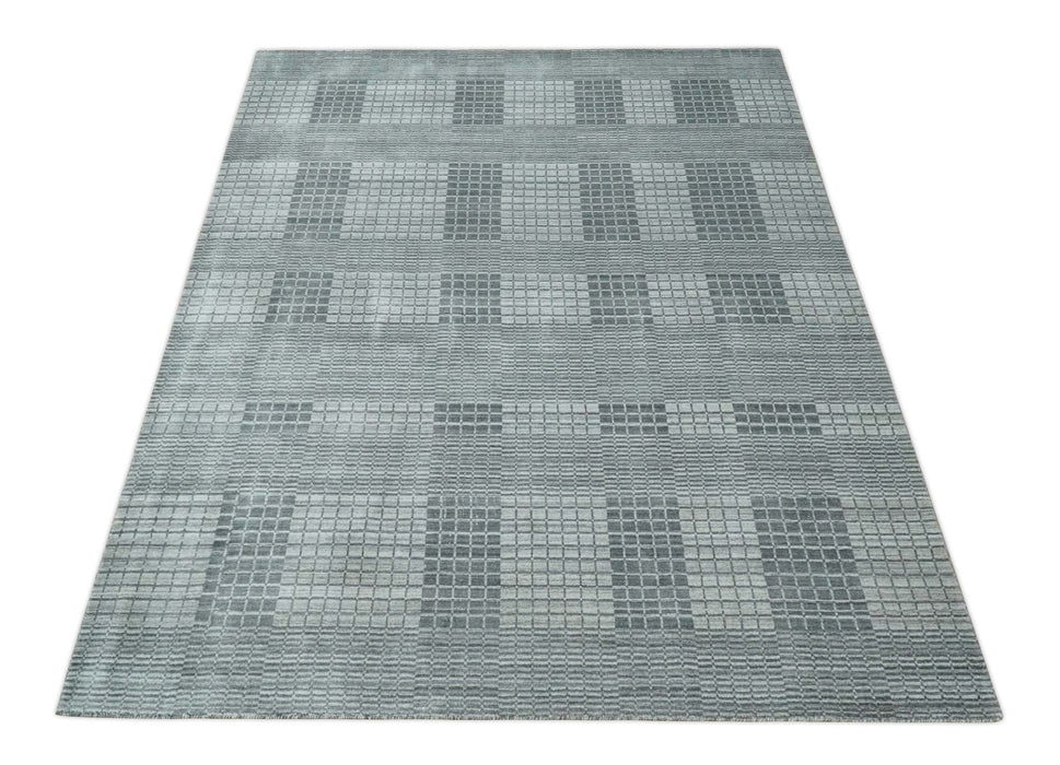 Modern Geometrical Checkered striped Hand Made 8x10 Charcoal, Gray and Silver Scandinavian Blended Wool Flatwoven Area Rug | KE38