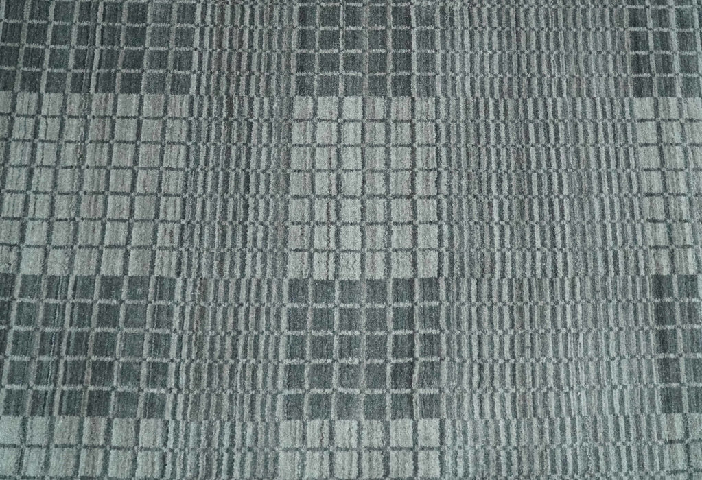 Modern Geometrical Checkered striped Hand Made 8x10 Charcoal, Gray and Silver Scandinavian Blended Wool Flatwoven Area Rug | KE38