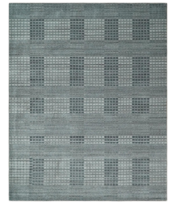 Modern Geometrical Checkered striped Hand Made 8x10 Charcoal, Gray and Silver Scandinavian Blended Wool Flatwoven Area Rug | KE38