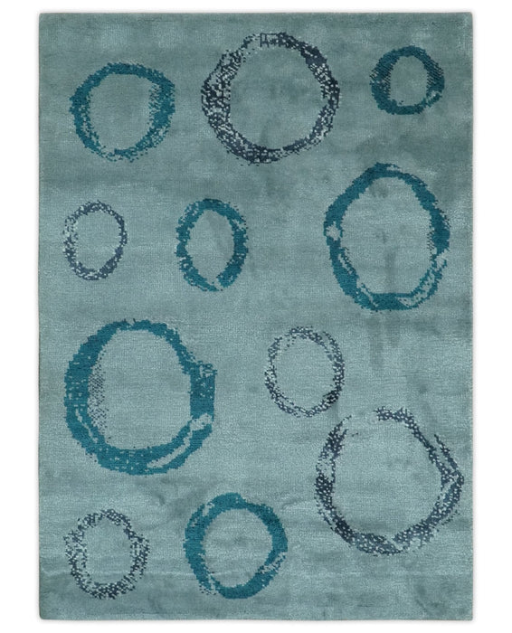 Modern Geometrical Circle Design Teal and Charcoal 5x7 Hand Knotted wool area rug