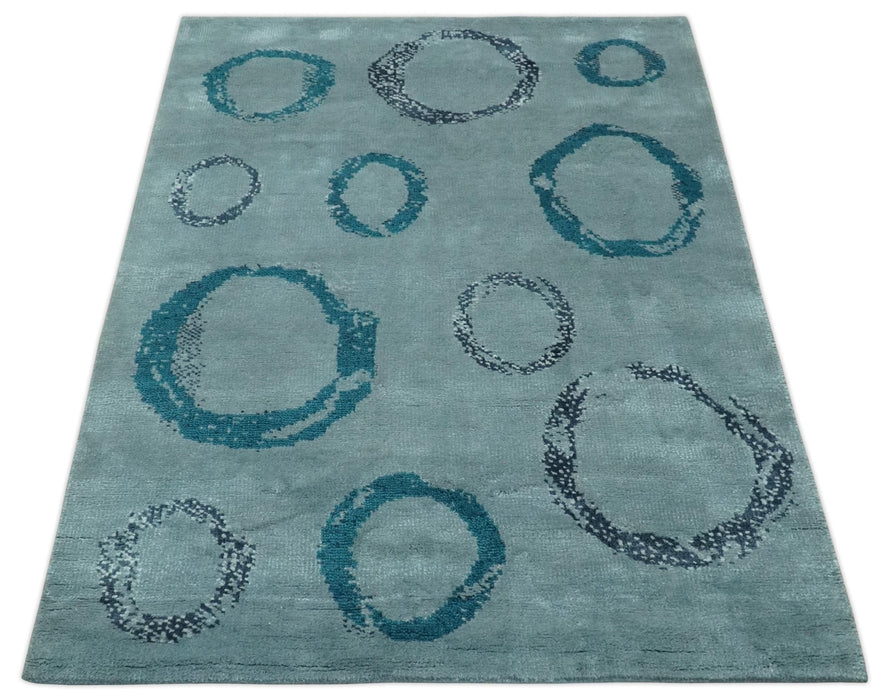 Modern Geometrical Circle Design Teal and Charcoal 5x7 Hand Knotted wool area rug