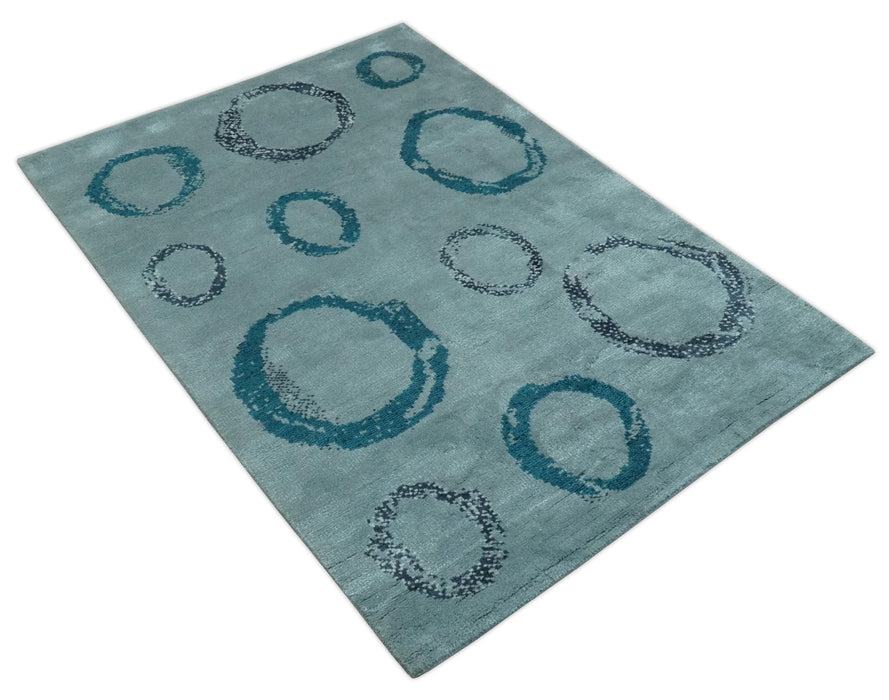 Modern Geometrical Circle Design Teal and Charcoal 5x7 Hand Knotted wool area rug