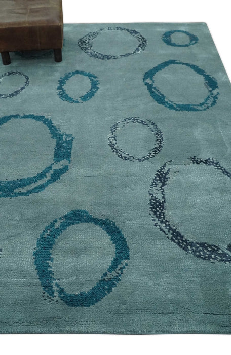 Modern Geometrical Circle Design Teal and Charcoal 5x7 Hand Knotted wool area rug