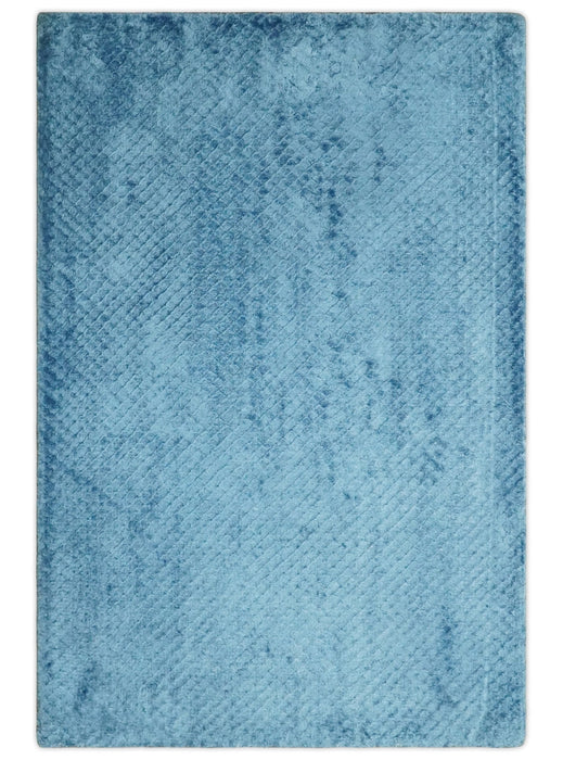 Modern Geometrical Cross Square Hand Made 2x3 Aqua Blue Art silk Area Rug