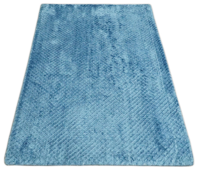 Modern Geometrical Cross Square Hand Made 2x3 Aqua Blue Art silk Area Rug