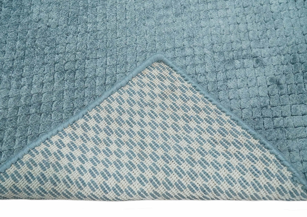 Modern Geometrical Cross Square Hand Made 2x4 Aqua Blue Art Silk Area Rug