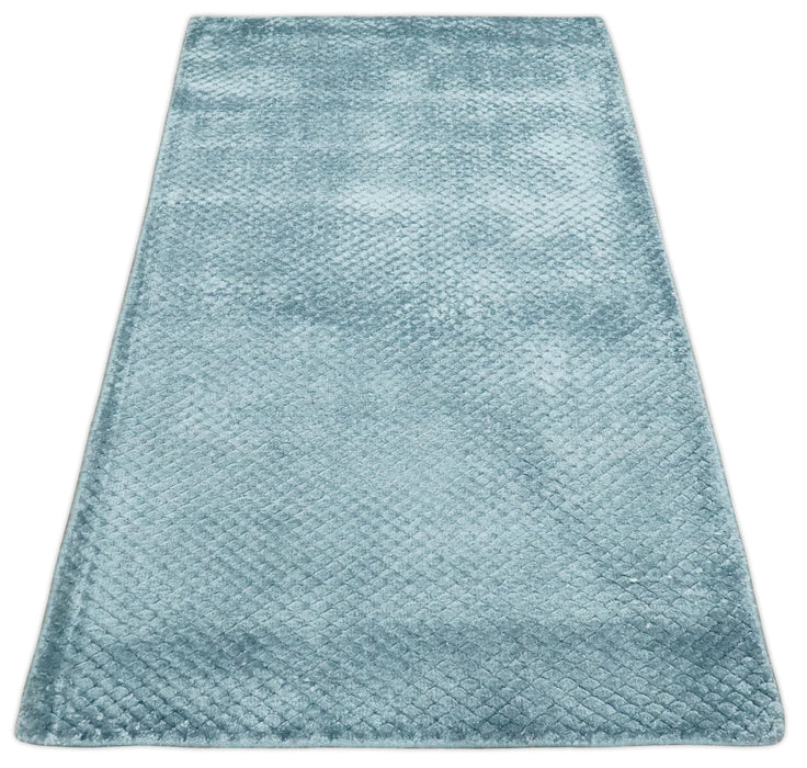 Modern Geometrical Cross Square Hand Made 2x4 Aqua Blue Art Silk Area Rug