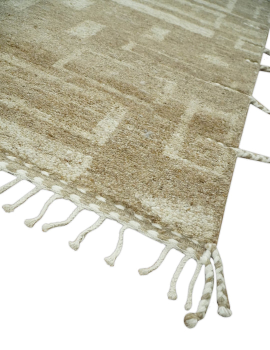 Modern Geometrical Dark Beige and Ivory Hand Knotted 5x8 Wool Area Rug