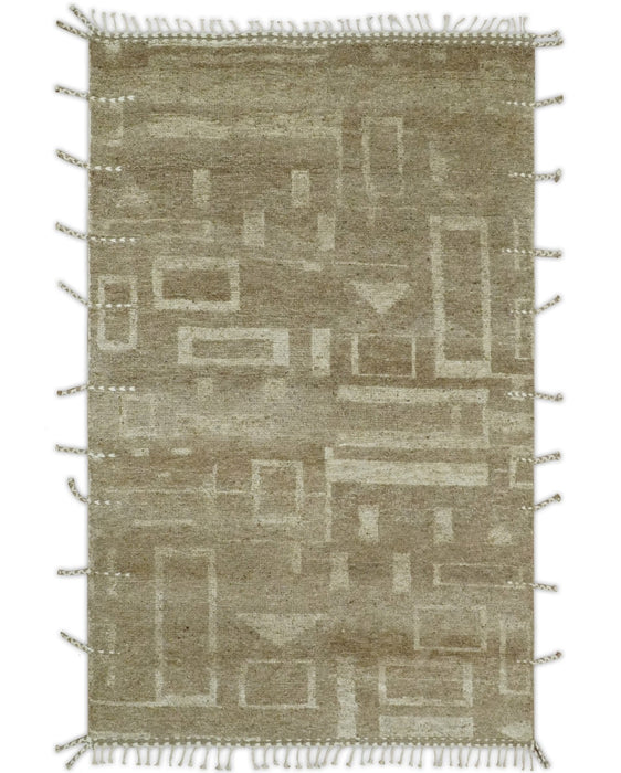 Modern Geometrical Dark Beige and Ivory Hand Knotted 5x8 Wool Area Rug