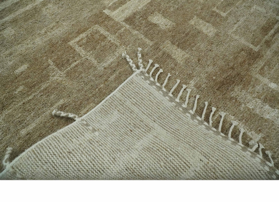 Modern Geometrical Dark Beige and Ivory Hand Knotted 5x8 Wool Area Rug