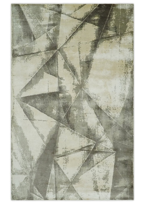Modern Geometrical Diamond Cut Design Beige and Gray 5x8 Hand loom Viscose Area Rug