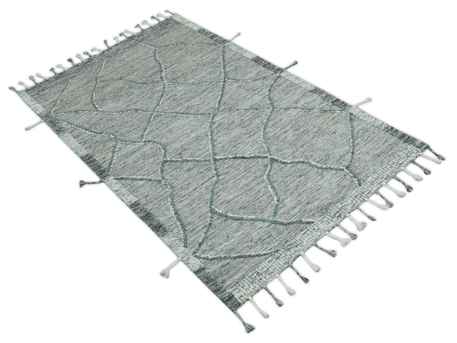 Modern Geometrical Hand carved Texture Gray, Ivory and Charcoal Hand Knotted 5x8 wool Area Rug