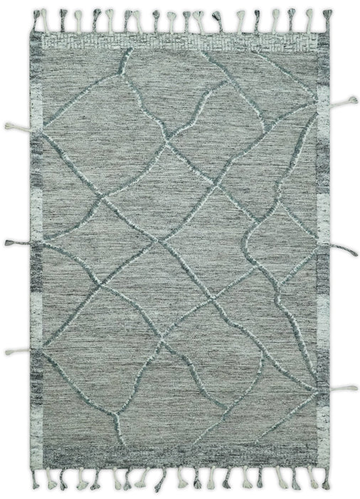 Modern Geometrical Hand carved Texture Gray, Ivory and Charcoal Hand Knotted 5x8 wool Area Rug