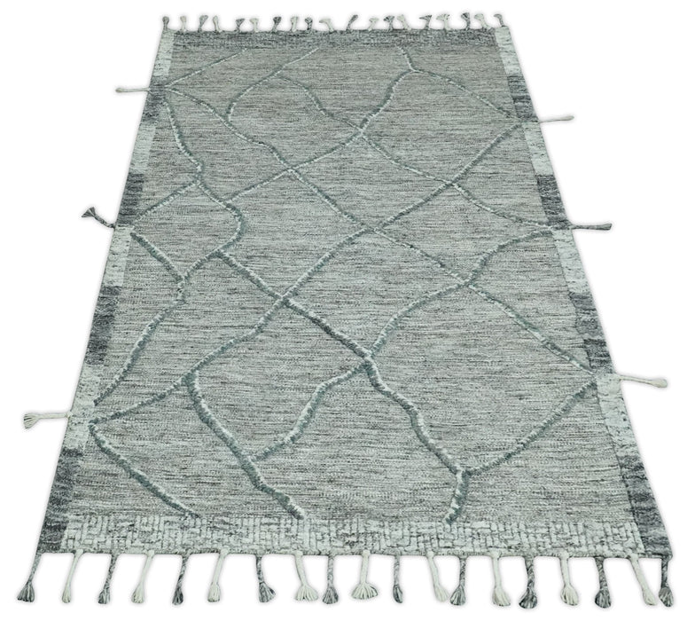 Modern Geometrical Hand carved Texture Gray, Ivory and Charcoal Hand Knotted 5x8 wool Area Rug