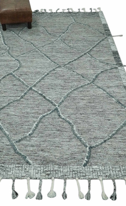 Modern Geometrical Hand carved Texture Gray, Ivory and Charcoal Hand Knotted 5x8 wool Area Rug
