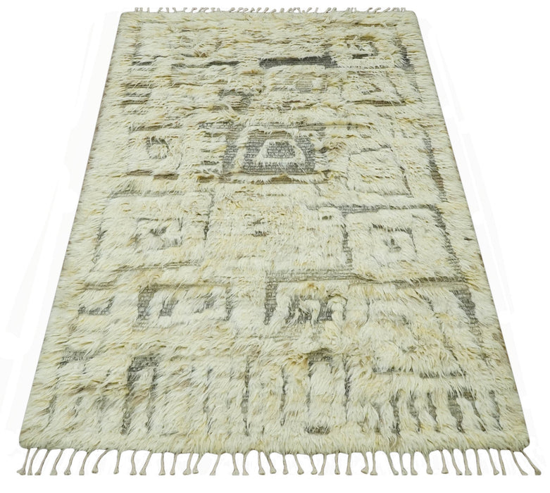 Modern Geometrical Ivory and Gray Texture 9x12 Moroccan Style Plush Pile wool Rug