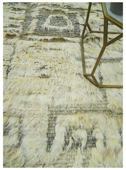 Modern Geometrical Ivory and Gray Texture 9x12 Moroccan Style Plush Pile wool Rug