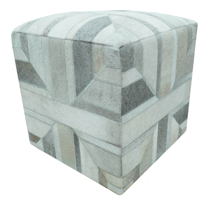 Modern Geometrical Ivory, Gray, Beige Genuine Leather Pouf