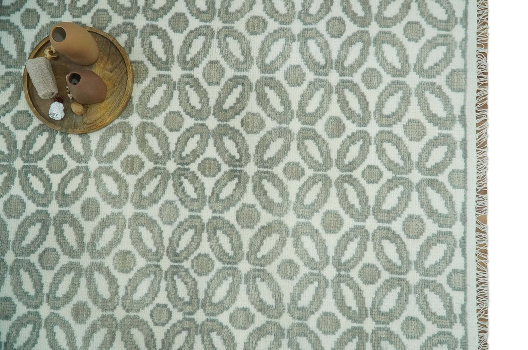 Modern Geometrical Ivory, Teal and Brown Hand Knotted 8x10 wool Area Rug