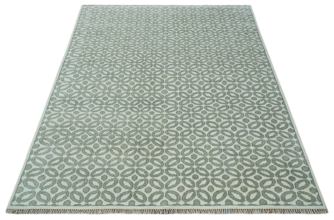 Modern Geometrical Ivory, Teal and Brown Hand Knotted 8x10 wool Area Rug