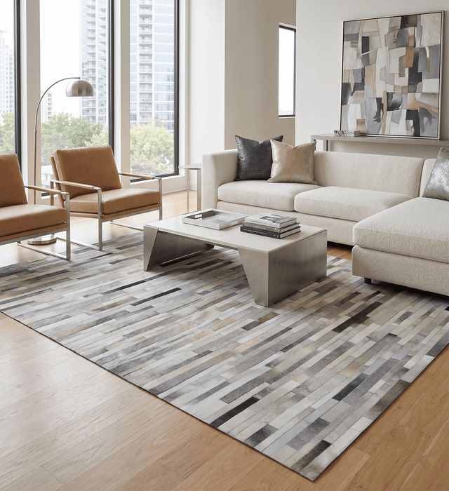 Modern Geometrical Leather Striped Silver and Ivory Leather Custom Made Area Rug