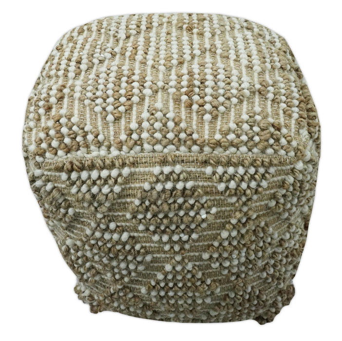 Modern Geometrical Natural Brown and Ivory Design Jute and wool Pouf
