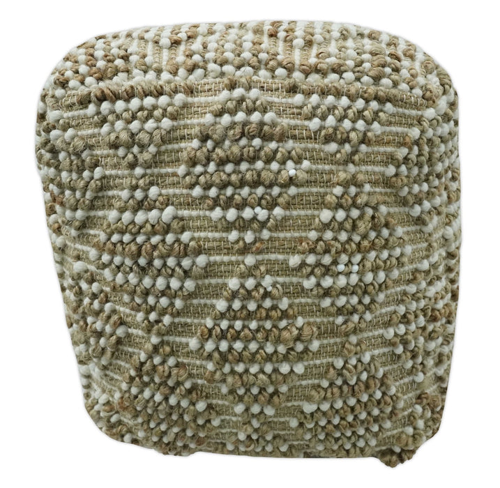 Modern Geometrical Natural Brown and Ivory Design Jute and wool Pouf